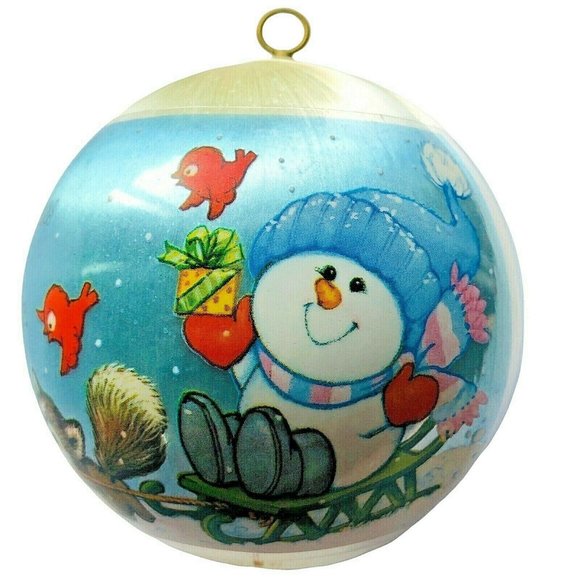 Vintage 1980 Hallmark Grandson Satin Ornament Snowman Tree Raccoons Skating Sled - Picture 4 of 8